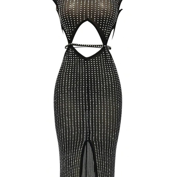 Sleeveless Mesh See-Through Rhinestone Studded Bodycon Midi Dress Size XXL - Picture 9 of 9